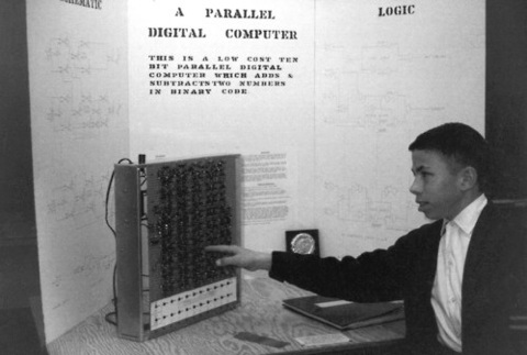 Wozniak at thirteen showing off his science-fair-winning Adder/Subtractor
